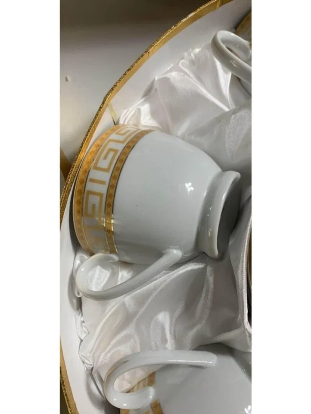12 Pc Greek Key Fine Porcelain Coffee Set 6 Cups & Saucers Gold Trim Versace Sty